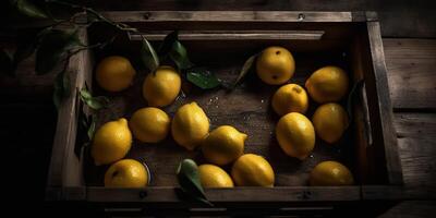 ai generato. ai generativo. foto realistico illustrazione di giallo eco organi limoni Limes nel legna rustico Vintage ▾ scatola. superiore Visualizza vibrazione. grafico arte