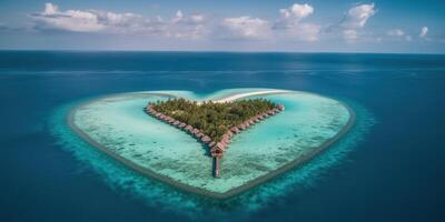 ai generato. ai generativo. aereo fuco foto realistico illustrazione di isola Maldive nel cuore forma. Paradiso avventura vacanza tropicale vibrazione. grafico arte