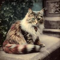 ai generato. ai generativo. 1910 Vintage ▾ retrò colorato foto realistico fotografia illustrazione. penna animale gattino gatto rilassare vibrazione. grafico arte