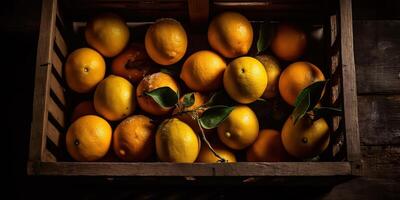 ai generato. ai generativo. foto realistico illustrazione di giallo eco organi limoni Limes nel legna rustico Vintage ▾ scatola. superiore Visualizza vibrazione. grafico arte