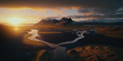 ai generato. ai generativo. macro tiro aereo fuco Visualizza di Islanda paesaggio scena. cinematico avventura Esplorare vibrazione. grafico arte foto