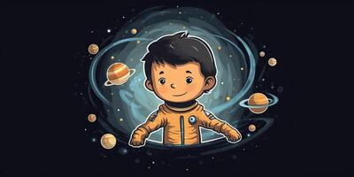 ai generato. 2d ragazzo ragazzo persona uomo personaggio a Luna galassia. astronauta nel galassia spazio. ai generativo. grafico arte foto