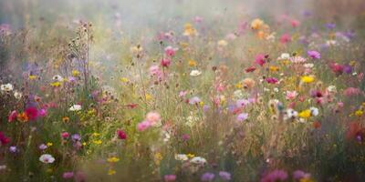 ai generativo. ai generato. selvaggio fiori primavera all'aperto campo. romantico natura amante amore estetica vibrazione. grafico arte foto