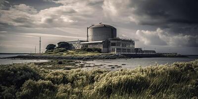 ai generativo, ai generato. nucleare atomico energia pianta elettrico stazione. buio umore ecologia Pericolo vibrazione. grafico arte foto