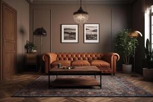 casa interno modello con Marrone pelle divano, tavolo e arredamento nel vivente camera . ai generato foto