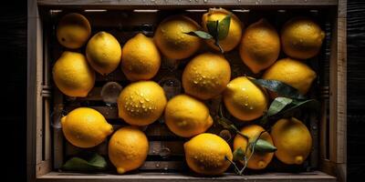 ai generato. ai generativo. foto realistico illustrazione di giallo eco organi limoni Limes nel legna rustico Vintage ▾ scatola. superiore Visualizza vibrazione. grafico arte