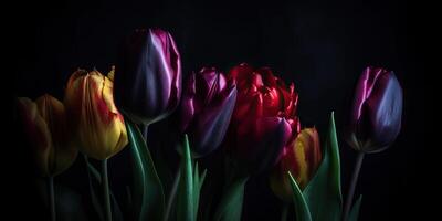 ai generativo. ai generato. estetica tulipano fiori modello finto su. ispirato di tempo burton buio umore vibrazione. può essere Usato per decorazione o grafico amore design. grafico arte foto