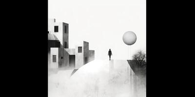 ai generato. ai generativo. surrealismo solitario umore illustrazione con un' solitario uomo persona nel urbano città minimo decorazione. grafico arte foto