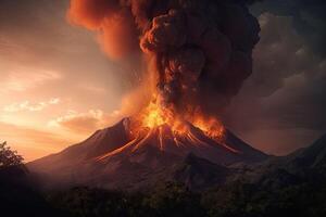 massiccio vulcano eruzione. un' grande vulcano eruzione lava e gas in il atmosfera. generativo ai foto