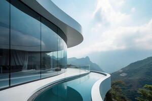 futuristico mensola circolare arco sagomato Casa nel il montagne. acciaio fluido geometria generativo ai foto