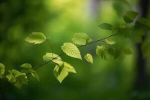 fresco e verde le foglie verde bokeh su sfocato verde sfondo. finto su. generativo ai foto