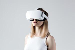 donna utilizzando virtuale la realtà cuffia. vr gadget, , formazione scolastica in linea o gioco concetto. generativo ai foto