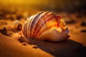 conchiglia su sabbia a spiaggia. estate paesaggio marino sfondo. generativo ai foto