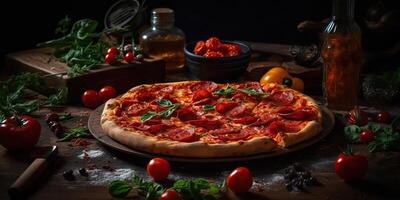 ai generativo. ai generato. foto realistico illustrazione di gustoso italiano Pizza famiglia cena. grafico arte