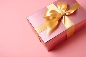 regalo scatola con d'oro raso nastro e arco su rosa sfondo. generativo ai foto