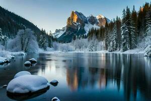 paesaggio nevoso montagna con lago ai creare foto