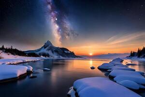 tramonto a partire dal nevoso montagna al di sopra di il lago ai generato foto