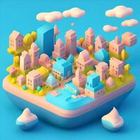 un' 3d isometrico cartone animato stile di un' città con un' rosa e blu sfondo. ai generato foto