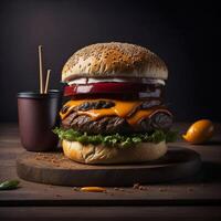 un' Hamburger con lattuga, pomodoro nel un' buio sfondo. ai generato foto