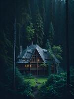 un' Casa nel un' buio foresta con il luci su ai generato foto