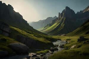 bellissimo lago sotto il montagne ai generato foto