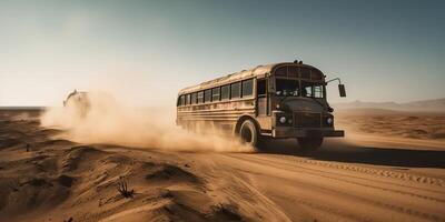 ai generato. ai generativo. foto realistico illustrazione di autobus equitazione nel il desrt su il strada. pazzo max film ispirato. grafico arte