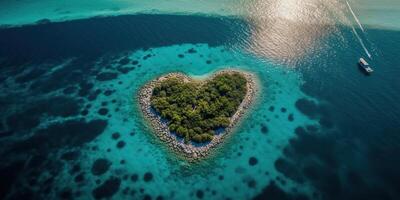 ai generato. ai generativo. aereo fuco foto realistico illustrazione di isola Maldive nel cuore forma. Paradiso avventura vacanza tropicale vibrazione. grafico arte