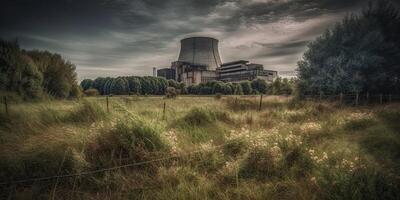 ai generativo, ai generato. nucleare atomico energia pianta elettrico stazione. buio umore ecologia Pericolo vibrazione. grafico arte foto