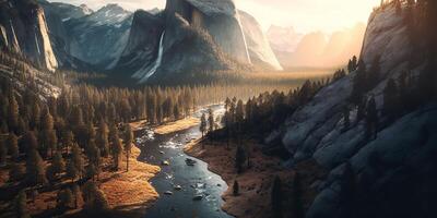 ai generato. ai generativo. foto realistico illustrazione di Stati Uniti d'America americano Yosemite nazionale parco nel il sera mattina. avventura Esplorare vibrazione. grafico arte