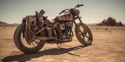 ai generato. ai generativo. vecchio Vintage ▾ retrò brutale il motore bicicletta nel deserto strada. pazzo max film ispirato. avventura Esplorare viaggio vibrazione. grafico arte foto