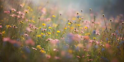 ai generativo. ai generato. selvaggio fiori primavera all'aperto campo. romantico natura amante amore estetica vibrazione. grafico arte foto