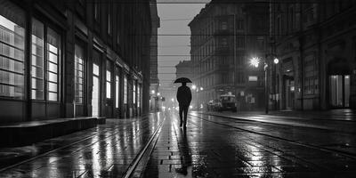 ai generato. ai generativo. monocromatico nero e bianca città urbano foto realistico illustrazione con solitario persona. noir Dramma solitario vibrazione. grafico arte