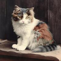 ai generato. ai generativo. 1910 Vintage ▾ retrò colorato foto realistico fotografia illustrazione. penna animale gattino gatto rilassare vibrazione. grafico arte