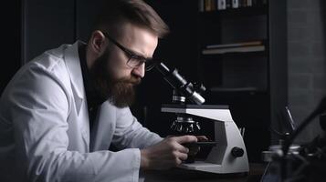 scienziato o alunno utilizzando il computer portatile microscopio a laboratorio ai generato foto