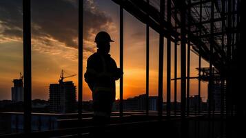 silhouette di costruzione lavoratore a d'oro ora. ai generativo foto