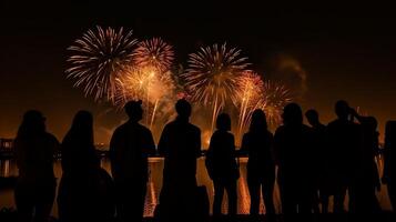 silhouette di persone guardare a fuochi d'artificio. ai generativo foto