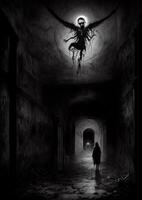 illustrazione di il scuro, inquietante, e teso atmosfera dentro un' psichiatrico Ospedale, ai generato foto