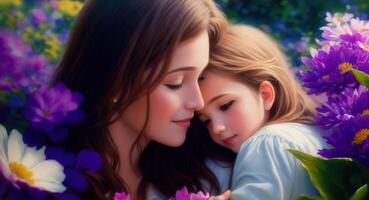 madre e figlia Abbracciare una persona nel il fiore giardino, ai generato foto