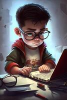 illustrazione di un' ragazzo Lavorando su il suo computer portatile, ai generativo foto