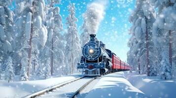 carino Natale treno va attraverso fantastico inverno foresta illustrazione ai generativo foto