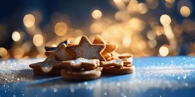 Natale albero biscotto fresa su d'oro brillante luccichio, illustrazione ai generativo foto