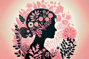 eccezionale carta tagliare ragazza testa silhouette ritagliare con mano disegnato primavera e fiore scarabocchi. generativo ai foto