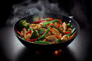 wok agitare friggere verdure con pollo filetto foto
