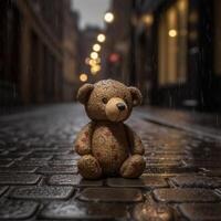 un' orsacchiotto orso si siede su un' bagnato strada nel il pioggia generativo ai generato foto