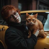 un' donna con rosso capelli e bicchieri Tenere un' gatto generativo ai generato foto