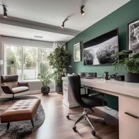 un' camera con un' verde parete e un' scrivania con un' sedia generativo ai generato foto