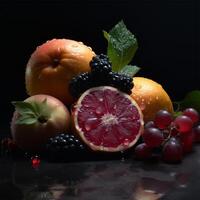 un' tavolo con un' mazzo di frutta generativo ai generato foto