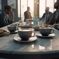 un' tavolo con tazze di caffè generativo ai generato foto