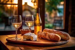 vino, baguette e formaggio su di legno sfondo, ai generativo foto