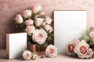 contento madri giorno carta con regalo e rosa fiore, copia spazio, ai generativo foto